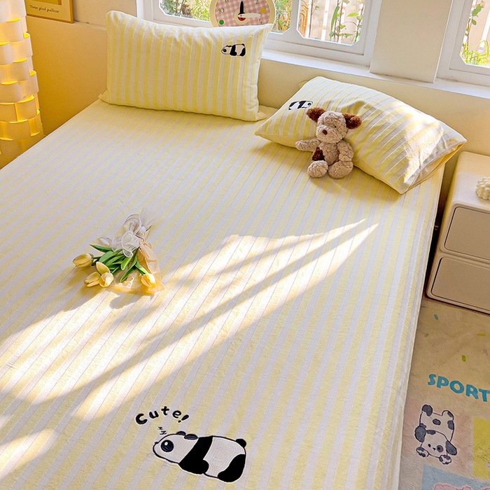 91家纺网 家纺一手货源 找家纺 小叮当家纺仓储工厂店 买家秀 爆款花型2025新款小清新绣花牛奶绒经典条纹系列单品床单床笠床单床笠单件 床笠-黄条熊猫