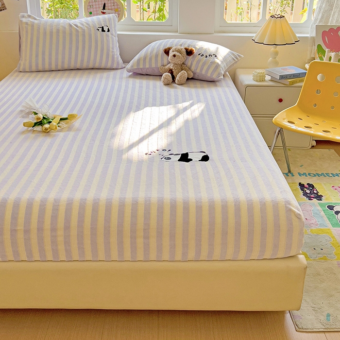 91家纺网 家纺一手货源 找家纺 小叮当家纺仓储工厂店 买家秀 爆款花型2025新款小清新绣花牛奶绒经典条纹系列单品床单床笠床单床笠单件 床笠-紫条熊猫