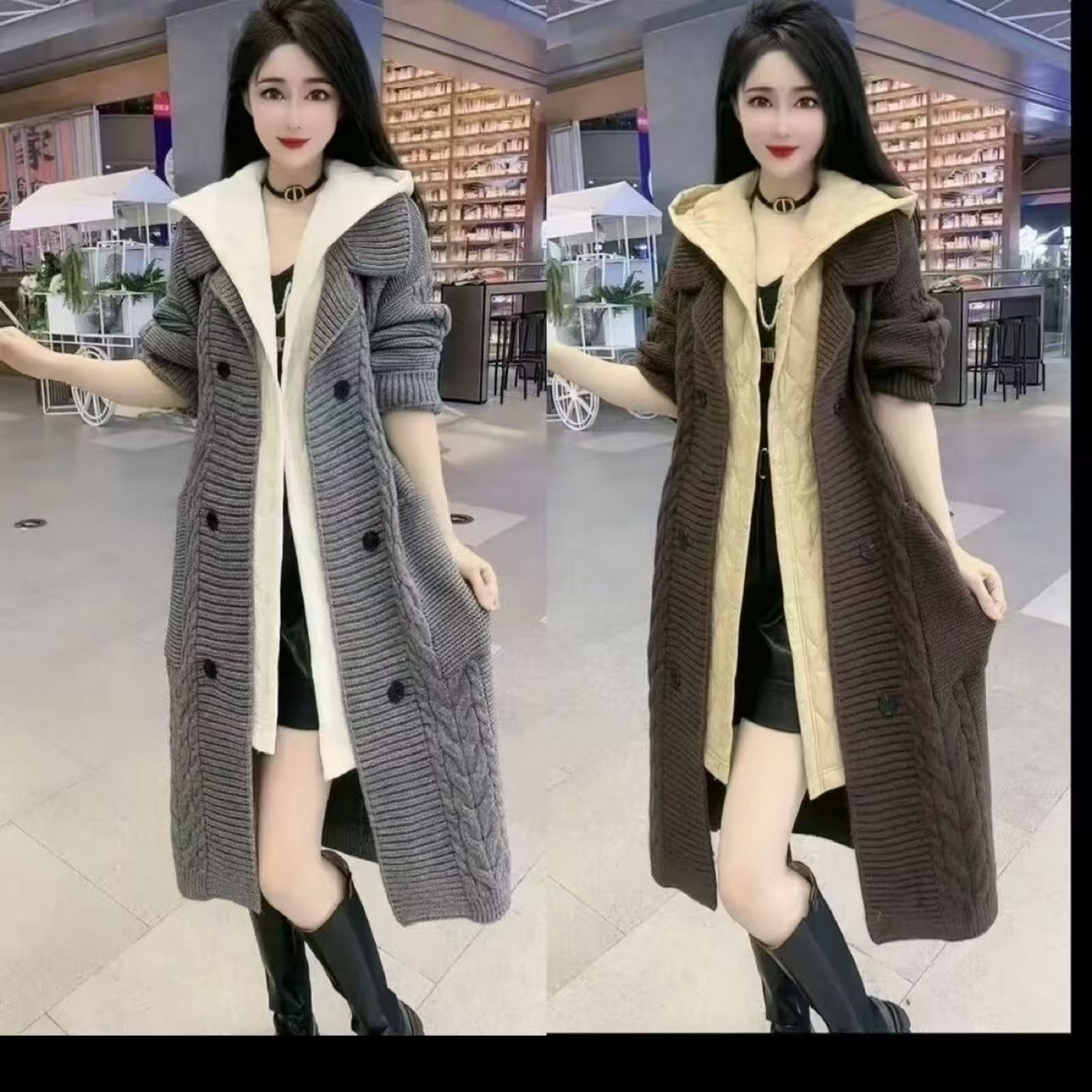 （总）洛兰沙家居馆 只代发  大气新款假两件毛衣外套女春秋开衫中长款洋气宽松外穿连帽针织上衣