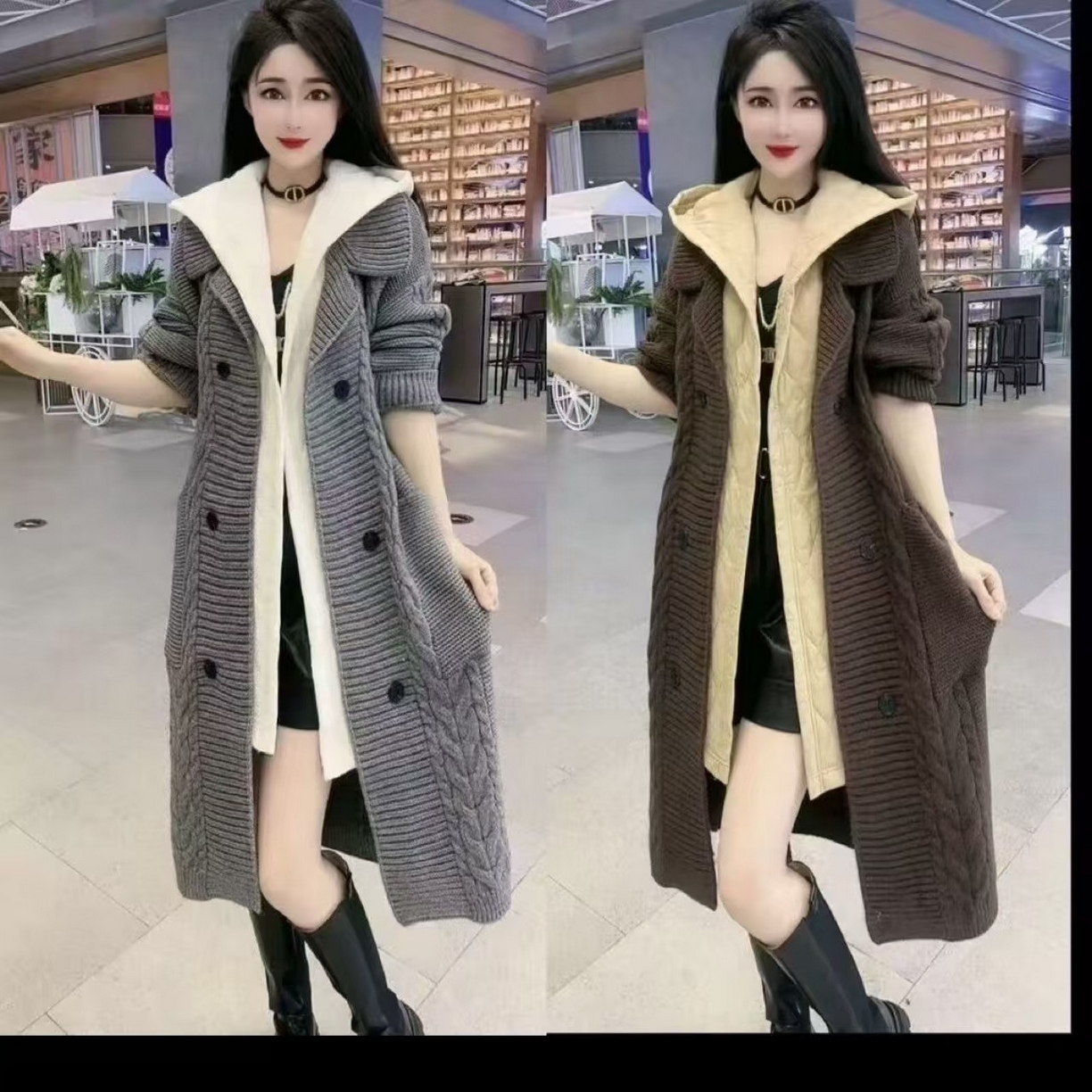 91家纺网 家纺一手货源 找家纺 （总）洛兰沙家居馆 只代发  大气新款假两件毛衣外套女春秋开衫中长款洋气宽松外穿连帽针织上衣