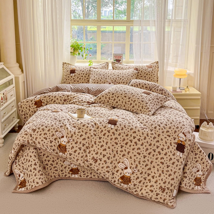 尚美 2025新款豆豆绒高克重床盖被套四件套 咖色兔