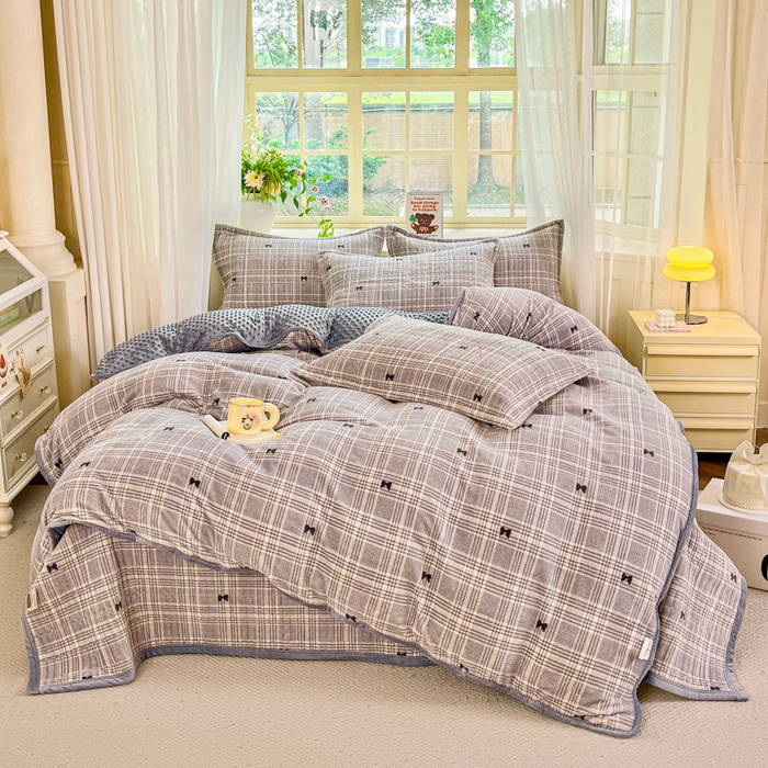 尚美 2025新款豆豆绒高克重床盖被套四件套 黑色蝴蝶结