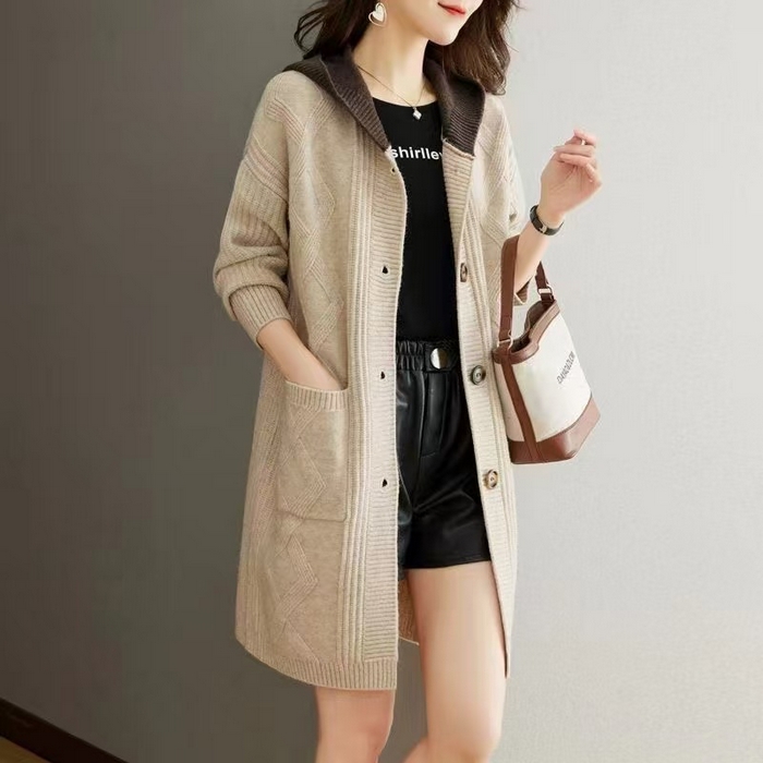 91家纺网 家纺一手货源 找家纺 （总）洛兰沙家居馆 只代发  大气新款毛大衣外套女春秋开衫中长款洋气宽松外穿连帽针织上衣