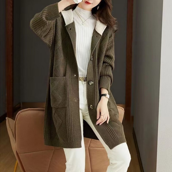 91家纺网 家纺一手货源 找家纺 （总）洛兰沙家居馆 只代发  大气新款毛大衣外套女春秋开衫中长款洋气宽松外穿连帽针织上衣