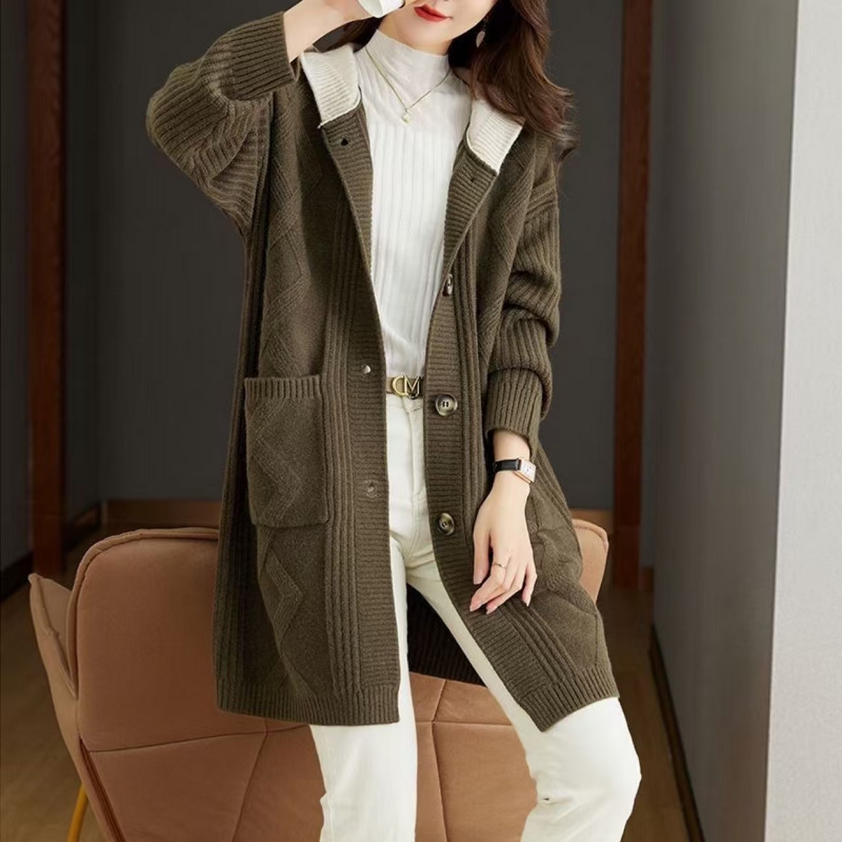 91家纺网 家纺一手货源 找家纺 （总）洛兰沙家居馆 只代发  大气新款毛大衣外套女春秋开衫中长款洋气宽松外穿连帽针织上衣