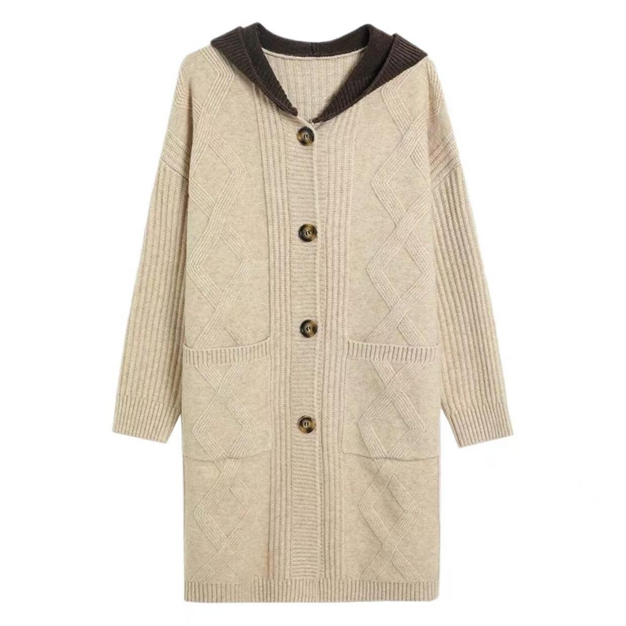 91家纺网 家纺一手货源 找家纺 （总）洛兰沙家居馆 只代发  大气新款毛大衣外套女春秋开衫中长款洋气宽松外穿连帽针织上衣