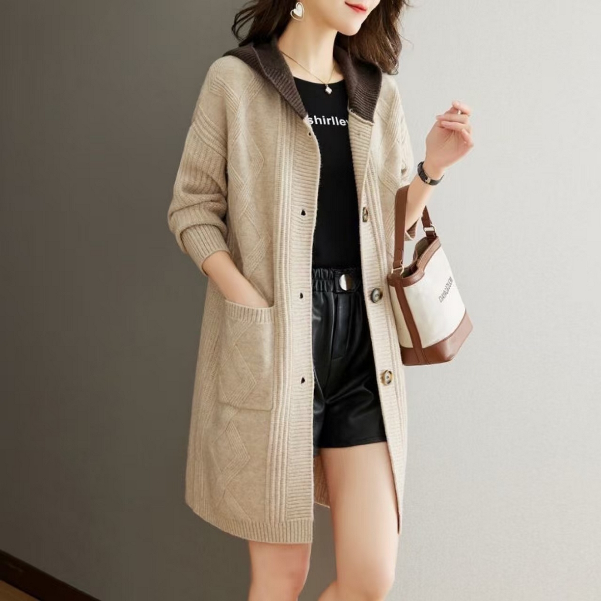 91家纺网 家纺一手货源 找家纺 （总）洛兰沙家居馆 只代发  大气新款毛大衣外套女春秋开衫中长款洋气宽松外穿连帽针织上衣