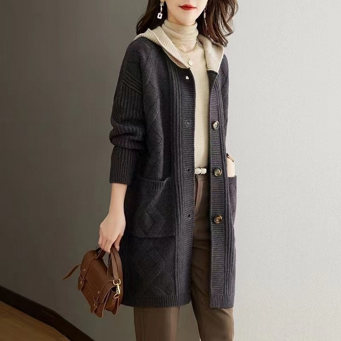 91家纺网 家纺一手货源 找家纺 （总）洛兰沙家居馆 只代发  大气新款毛大衣外套女春秋开衫中长款洋气宽松外穿连帽针织上衣