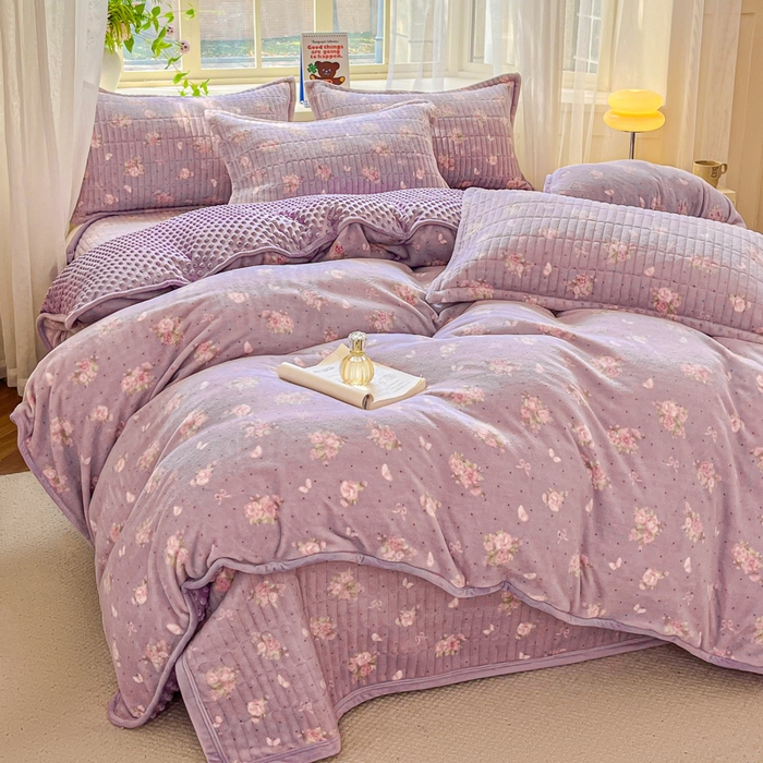 91家纺网 家纺一手货源 找家纺 尚美 2025新款豆豆绒高克重床盖被套四件套 花梦