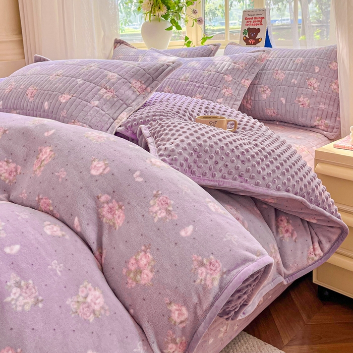 91家纺网 家纺一手货源 找家纺 尚美 2025新款豆豆绒高克重床盖被套四件套 花梦