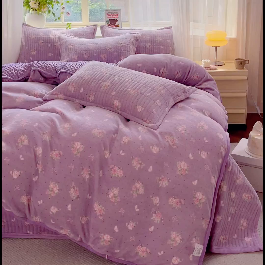 91家纺网 家纺一手货源 找家纺 尚美 2025新款豆豆绒高克重床盖被套四件套 花梦