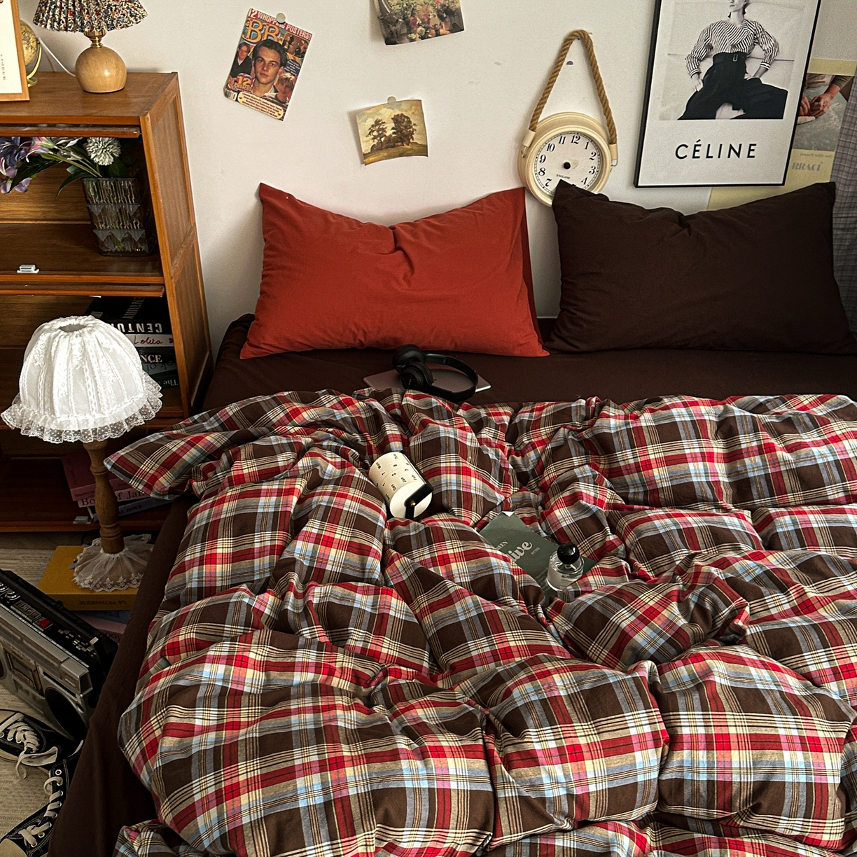 对白 2025新款全棉色织水洗棉四件套-伯爵红茶-咖 伯爵红茶-咖-枕套枫叶红+咖