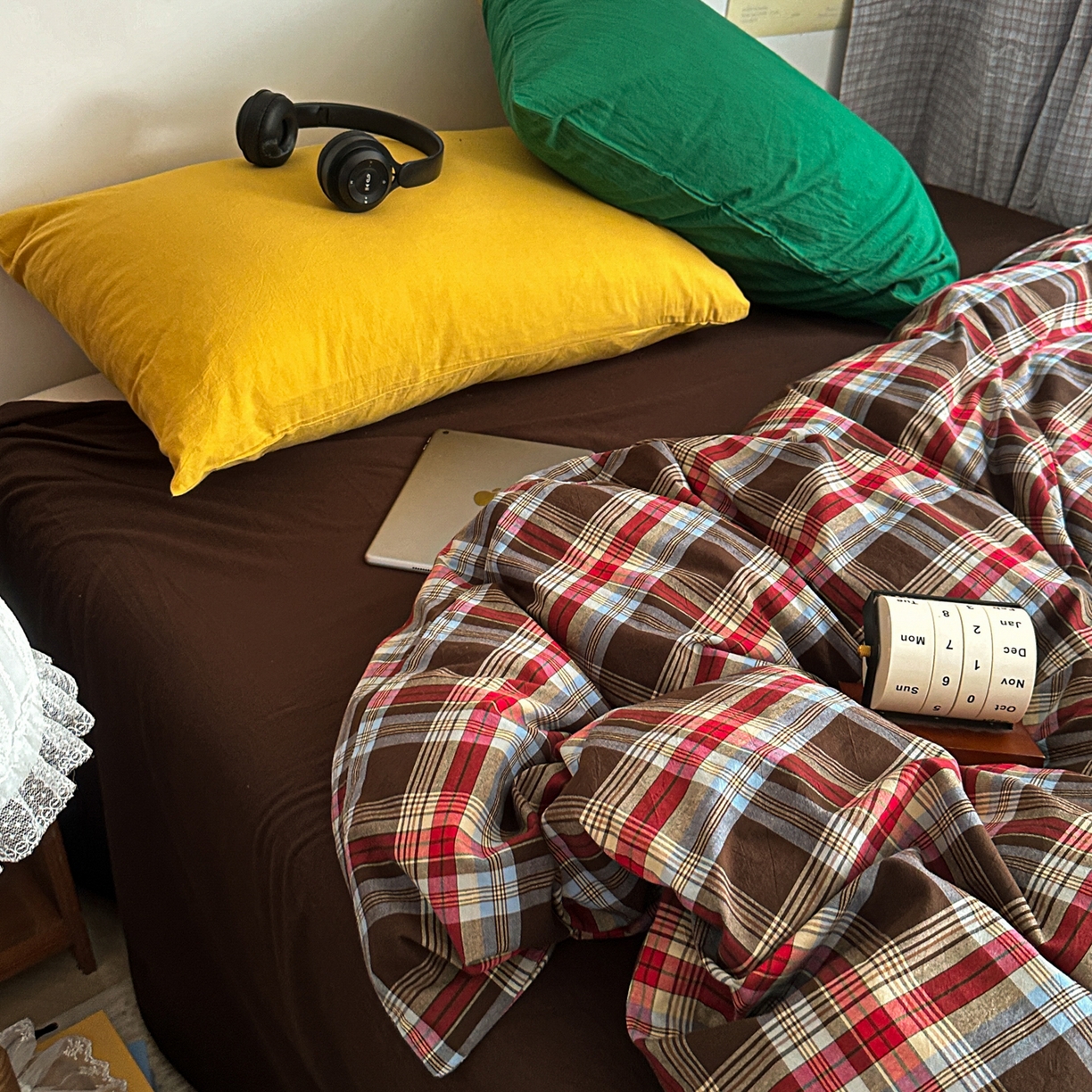 91家纺网 家纺一手货源 找家纺 对白 2025新款全棉色织水洗棉四件套-伯爵红茶-咖 伯爵红茶-咖-枕套姜黄+海王绿