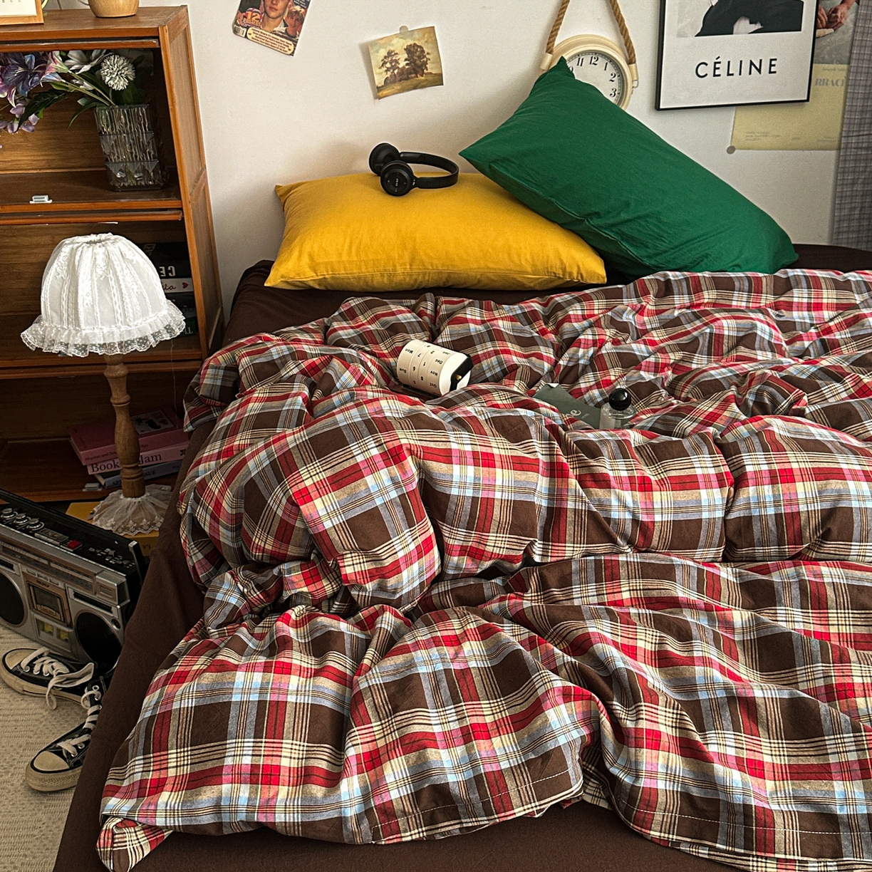 91家纺网 家纺一手货源 找家纺 对白 2025新款全棉色织水洗棉四件套-伯爵红茶-咖 伯爵红茶-咖-枕套姜黄+海王绿