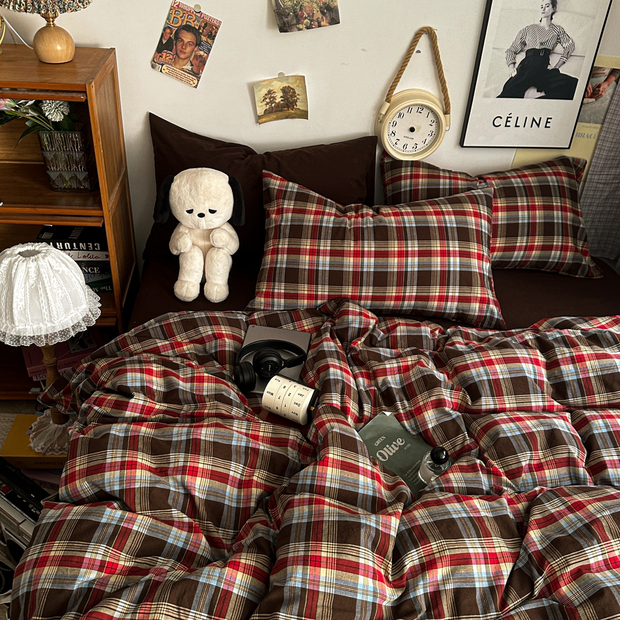 91家纺网 家纺一手货源 找家纺 对白 2025新款全棉色织水洗棉四件套-伯爵红茶-咖 伯爵红茶-咖-枕套格子+咖