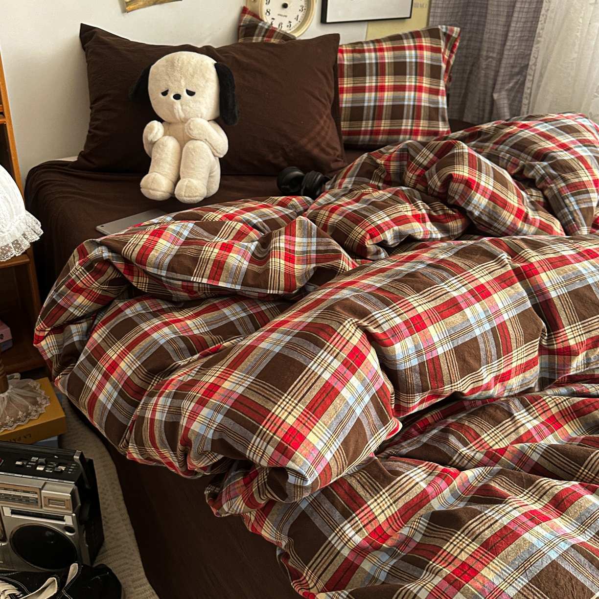 91家纺网 家纺一手货源 找家纺 对白 2025新款全棉色织水洗棉四件套-伯爵红茶-咖 伯爵红茶-咖-枕套姜黄+海王绿