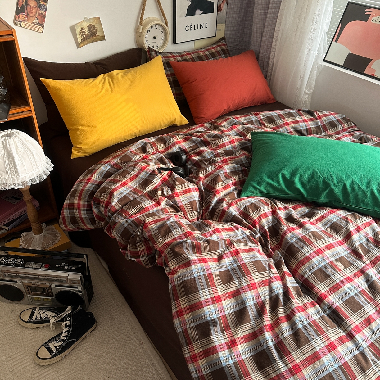 91家纺网 家纺一手货源 找家纺 对白 2025新款全棉色织水洗棉四件套-伯爵红茶-咖 伯爵红茶-咖-枕套姜黄+海王绿