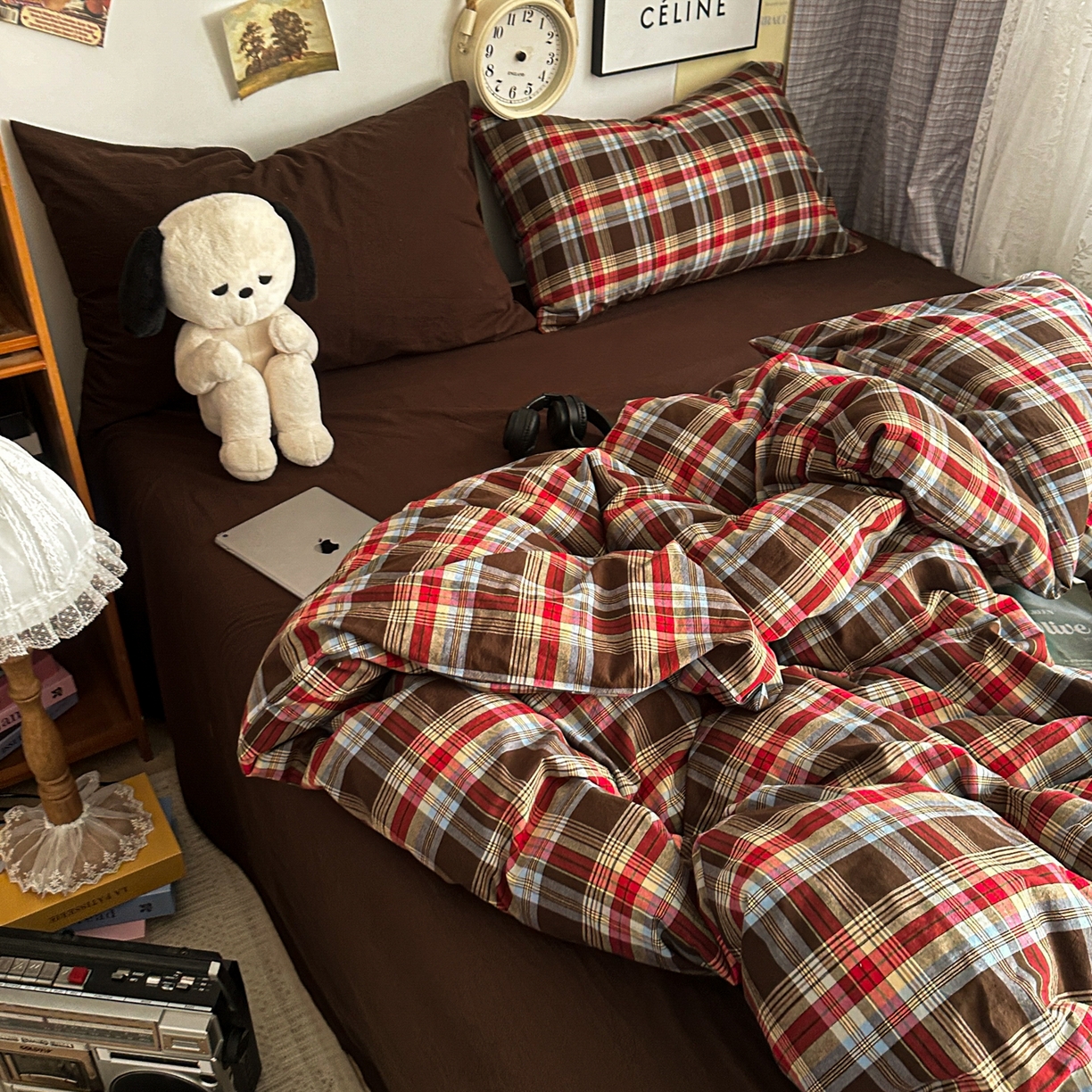 对白 2025新款全棉色织水洗棉四件套-伯爵红茶-咖 伯爵红茶-咖-枕套格子+咖