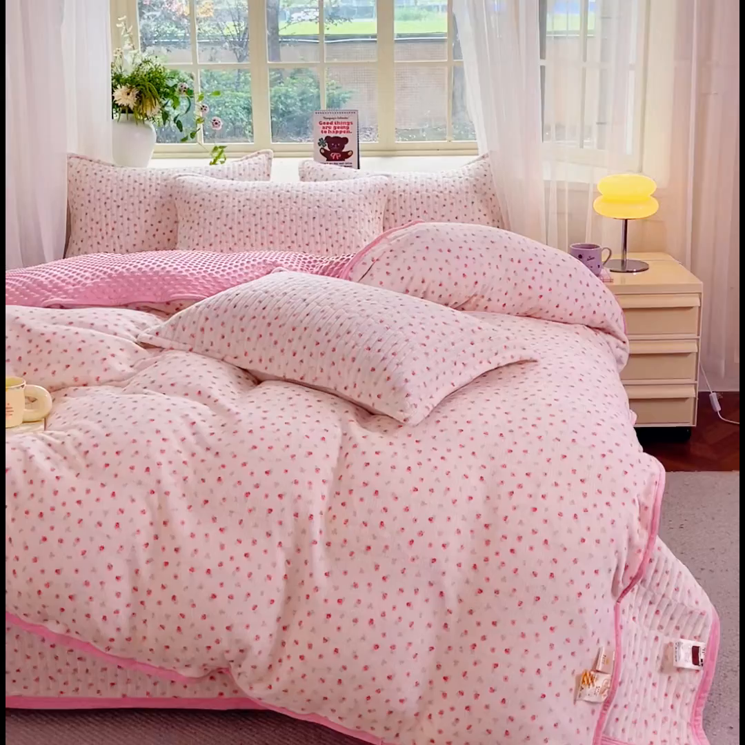 91家纺网 家纺一手货源 找家纺 尚美 2025新款豆豆绒高克重床盖被套四件套 花园