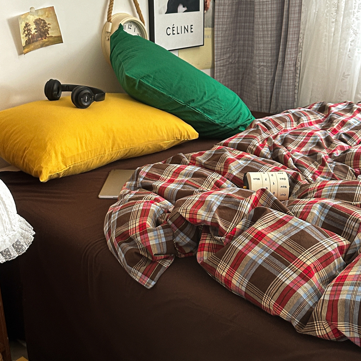 91家纺网 家纺一手货源 找家纺 对白 2025新款全棉色织水洗棉四件套-伯爵红茶-咖 伯爵红茶-咖-枕套格子