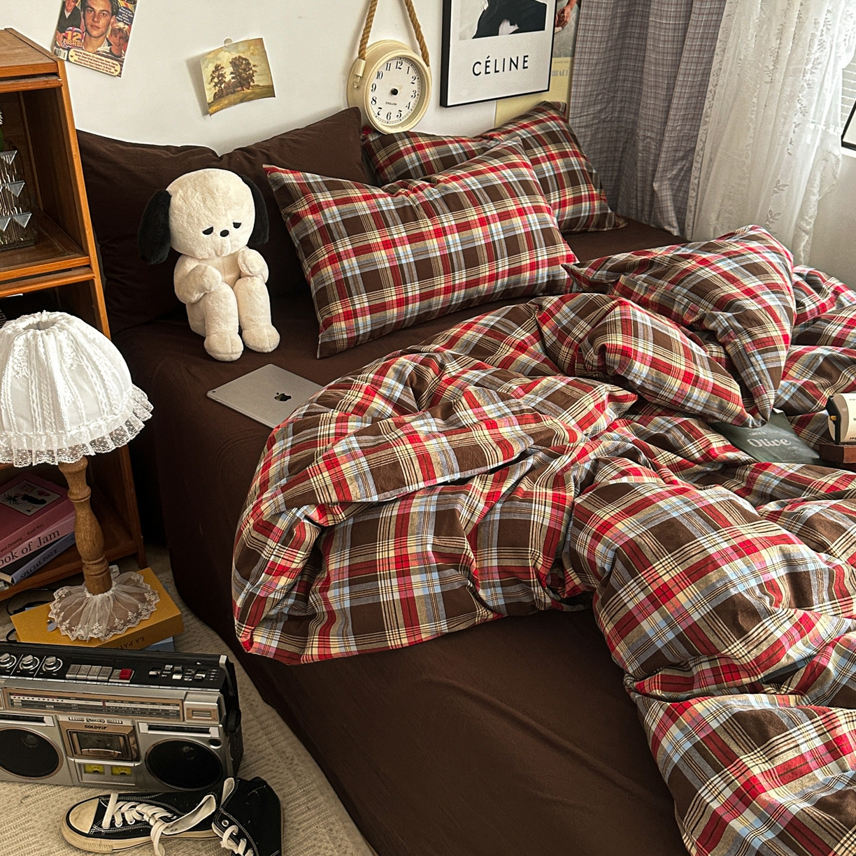 91家纺网 家纺一手货源 找家纺 对白 2025新款全棉色织水洗棉四件套-伯爵红茶-咖 伯爵红茶-咖-枕套格子