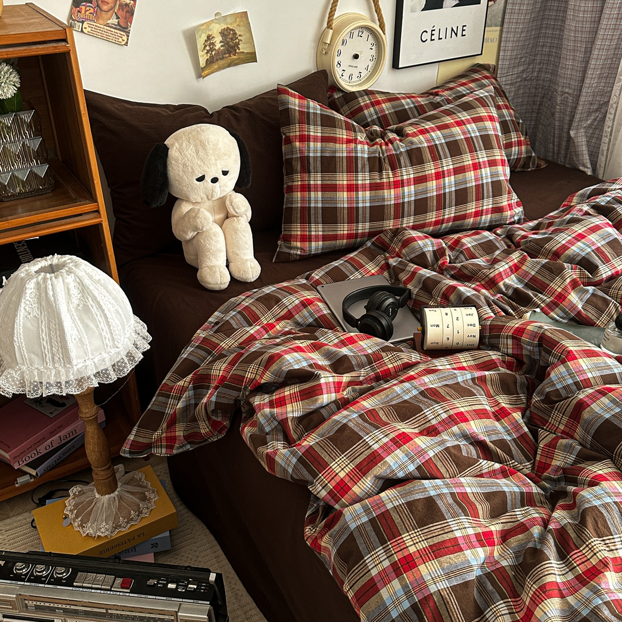 91家纺网 家纺一手货源 找家纺 对白 2025新款全棉色织水洗棉四件套-伯爵红茶-咖 伯爵红茶-咖-枕套格子