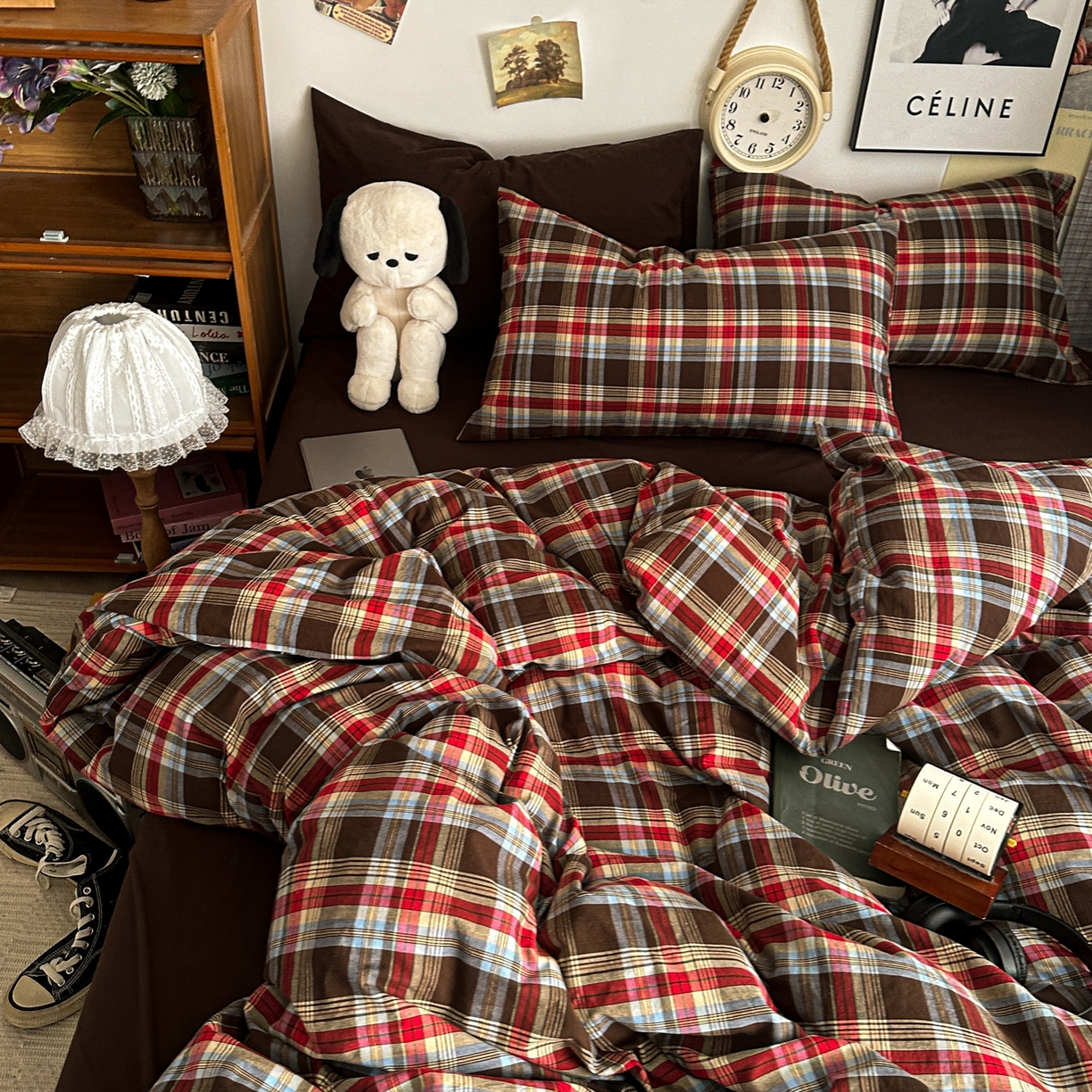 对白 2025新款全棉色织水洗棉四件套-伯爵红茶-咖 伯爵红茶-咖-枕套格子