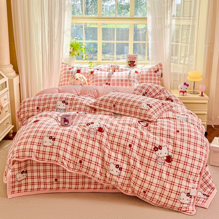 尚美 2025新款豆豆绒高克重床盖被套四件套 苹果KT猫