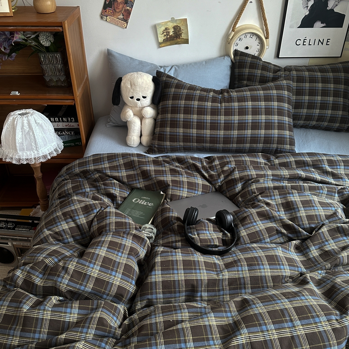 91家纺网 家纺一手货源 找家纺 对白 2025新款全棉色织水洗棉四件套-查尔斯学院 查尔斯学院-枕套格子