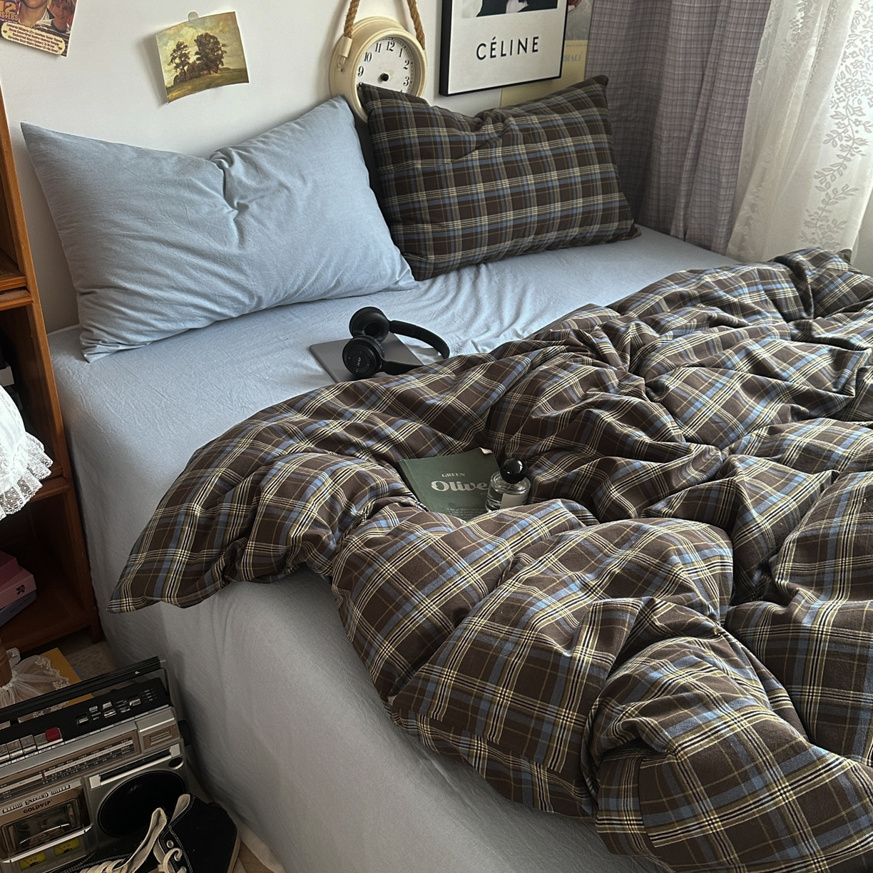 91家纺网 家纺一手货源 找家纺 对白 2025新款全棉色织水洗棉四件套-查尔斯学院 查尔斯学院-枕套格子+海蓝