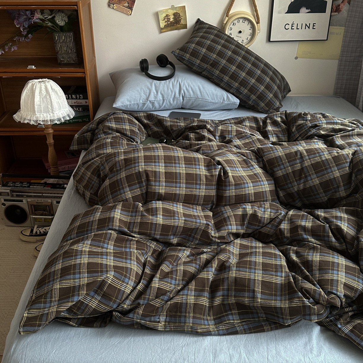 91家纺网 家纺一手货源 找家纺 （总）对白 2025新款全棉色织水洗棉四件套-查尔斯学院【提供买家秀】