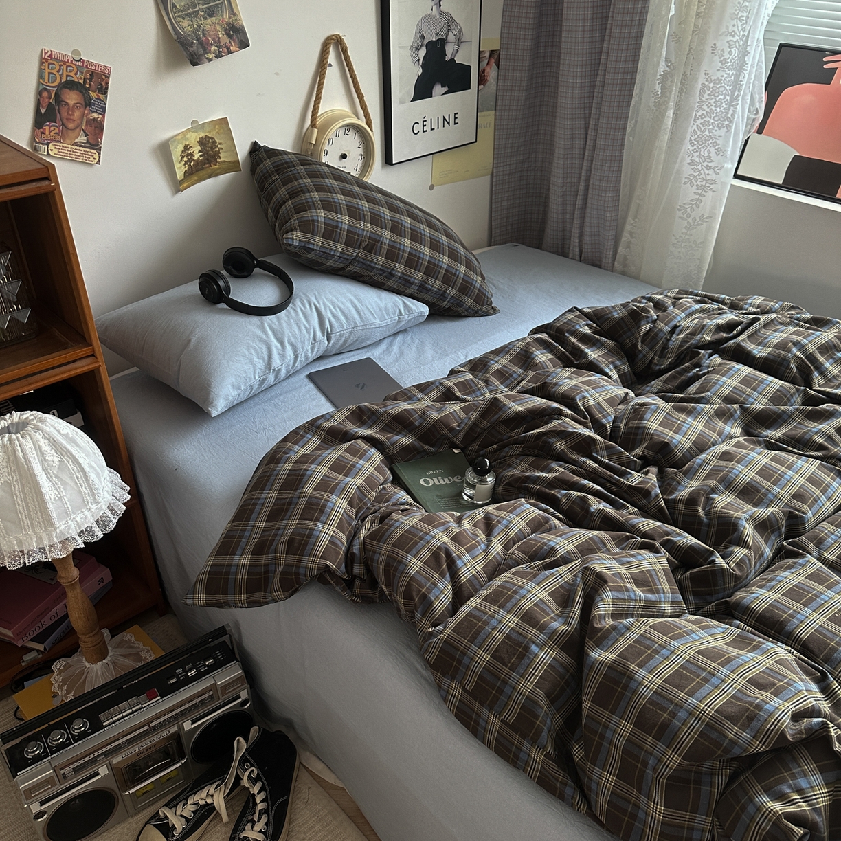 91家纺网 家纺一手货源 找家纺 对白 2025新款全棉色织水洗棉四件套-查尔斯学院 查尔斯学院-枕套格子+海蓝