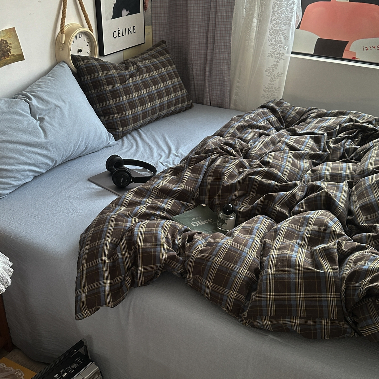 91家纺网 家纺一手货源 找家纺 （总）对白 2025新款全棉色织水洗棉四件套-查尔斯学院【提供买家秀】