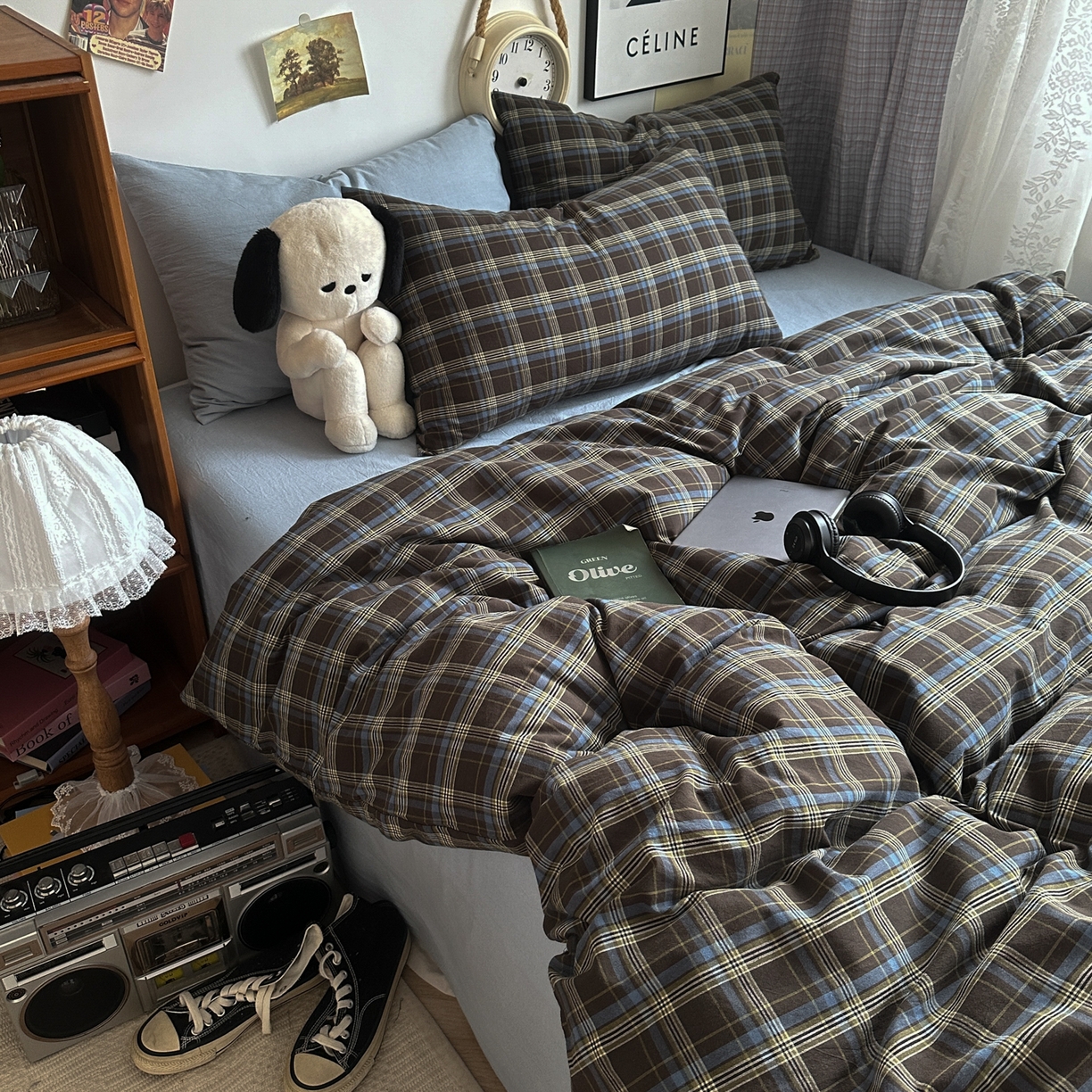 91家纺网 家纺一手货源 找家纺 对白 2025新款全棉色织水洗棉四件套-查尔斯学院 查尔斯学院-枕套格子+海蓝