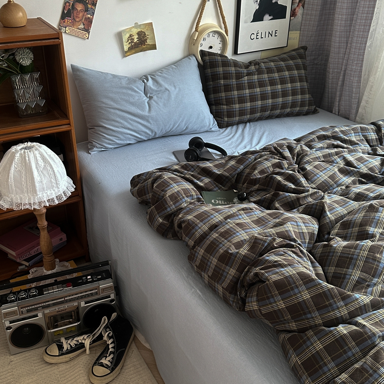 91家纺网 家纺一手货源 找家纺 对白 2025新款全棉色织水洗棉四件套-查尔斯学院 查尔斯学院-枕套格子+海蓝