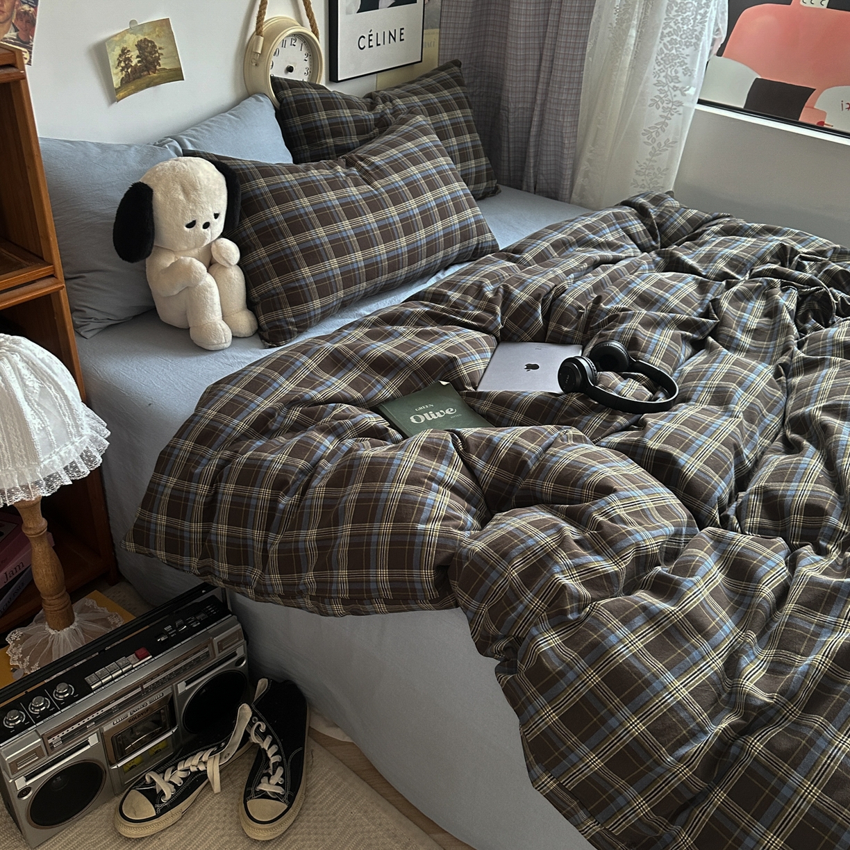 91家纺网 家纺一手货源 找家纺 （总）对白 2025新款全棉色织水洗棉四件套-查尔斯学院【提供买家秀】