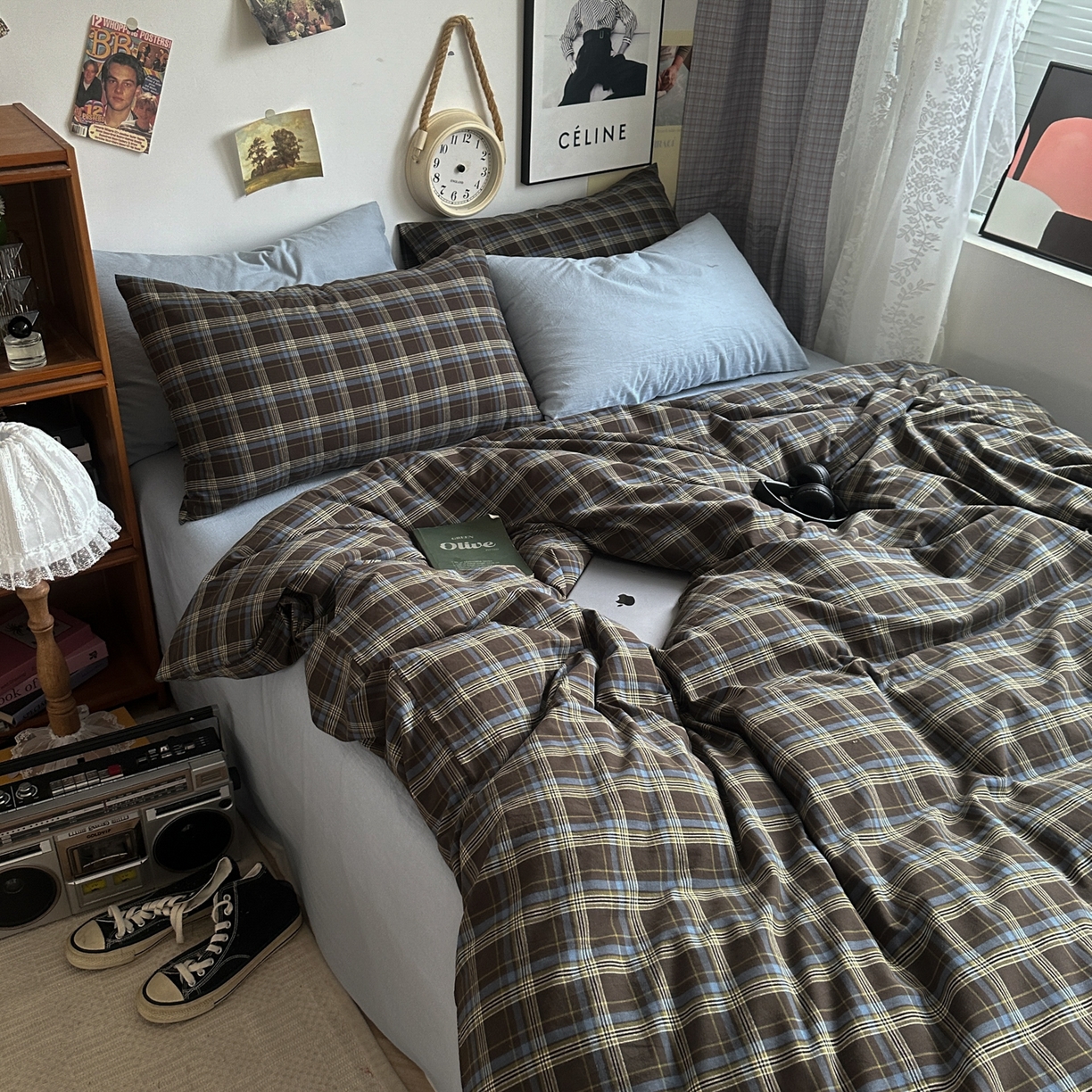 91家纺网 家纺一手货源 找家纺 （总）对白 2025新款全棉色织水洗棉四件套-查尔斯学院【提供买家秀】