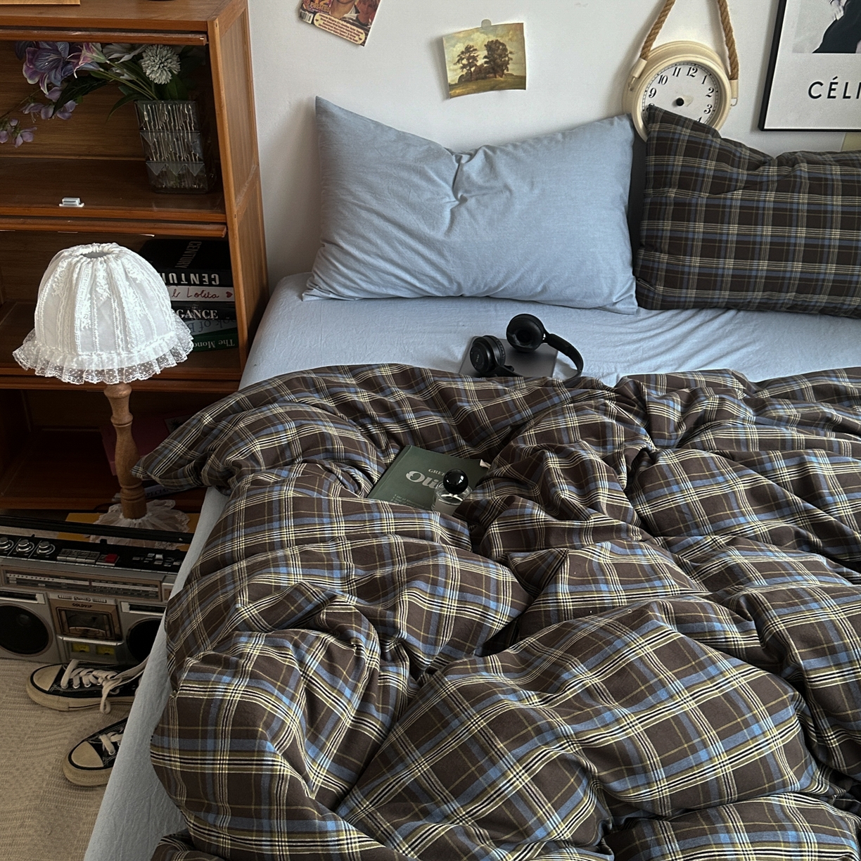 91家纺网 家纺一手货源 找家纺 对白 2025新款全棉色织水洗棉四件套-查尔斯学院 查尔斯学院-枕套格子+海蓝