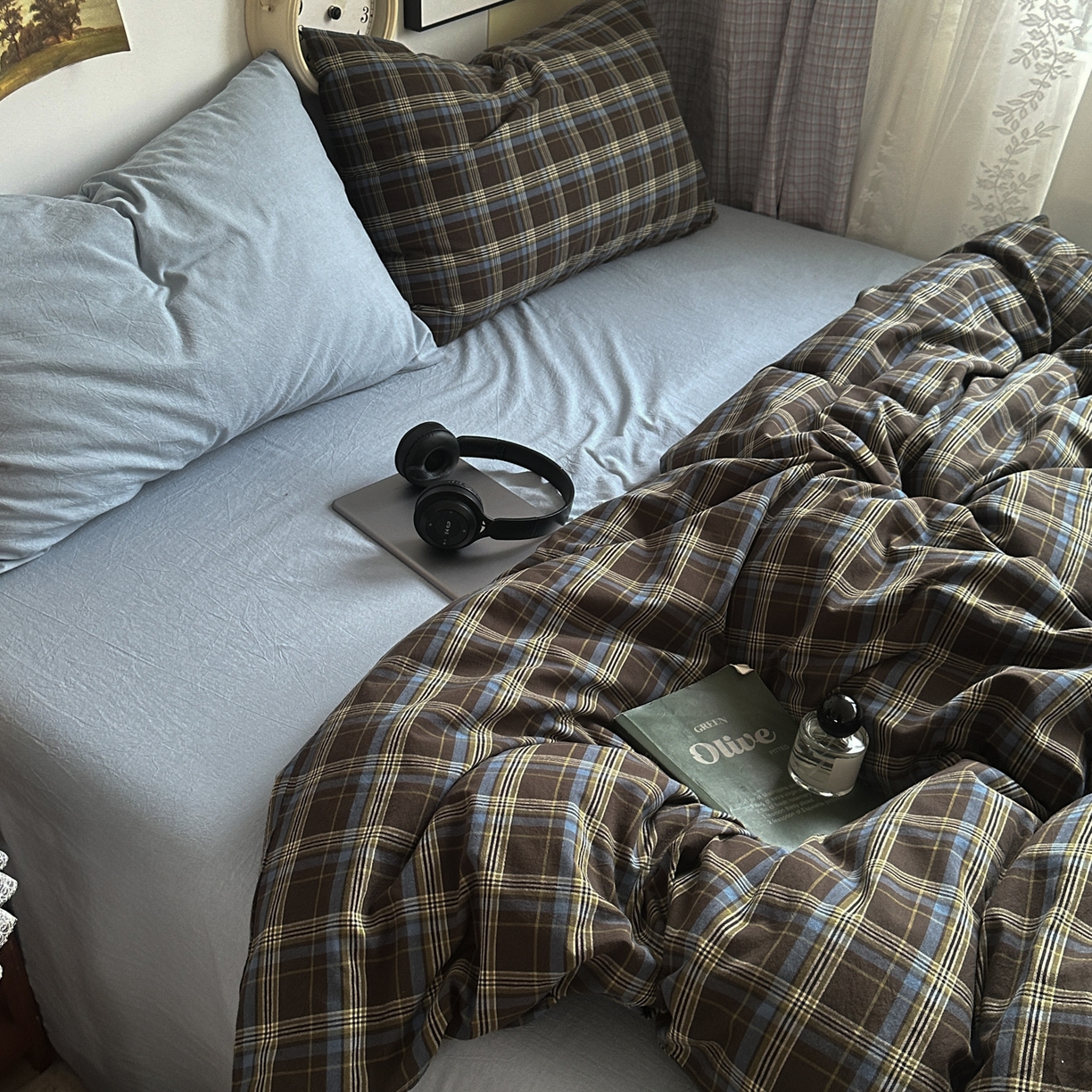 91家纺网 家纺一手货源 找家纺 对白 2025新款全棉色织水洗棉四件套-查尔斯学院 查尔斯学院-枕套格子