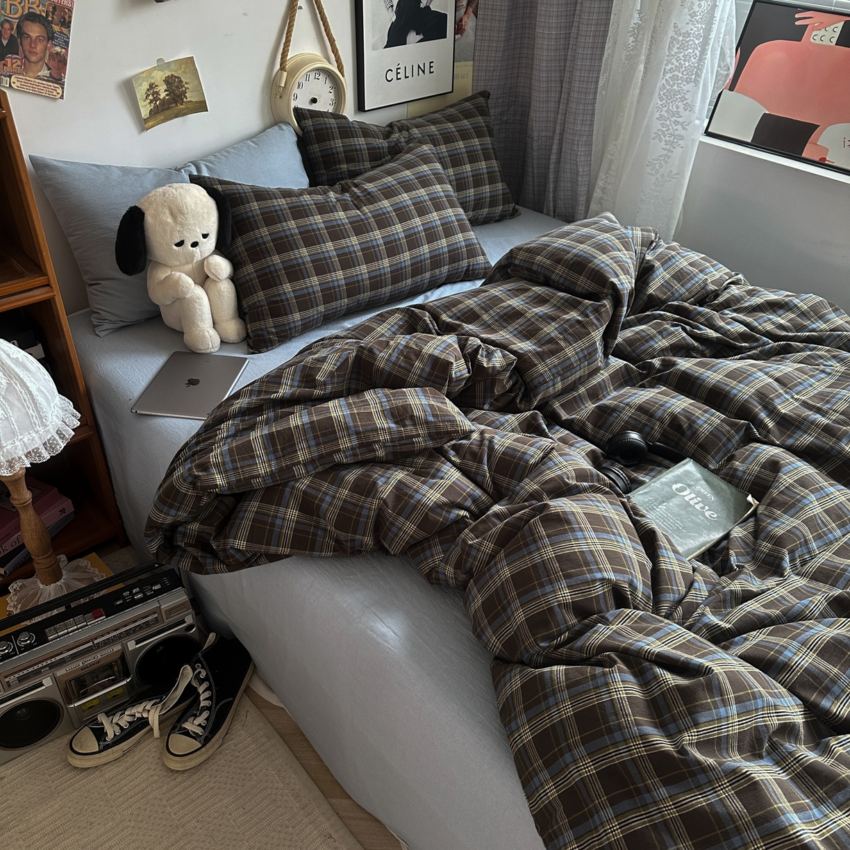 91家纺网 家纺一手货源 找家纺 对白 2025新款全棉色织水洗棉四件套-查尔斯学院 查尔斯学院-枕套格子