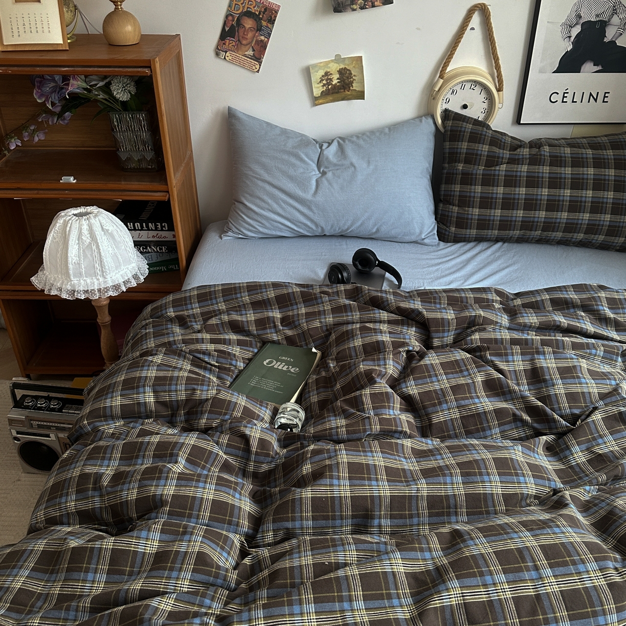 91家纺网 家纺一手货源 找家纺 对白 2025新款全棉色织水洗棉四件套-查尔斯学院 查尔斯学院-枕套格子