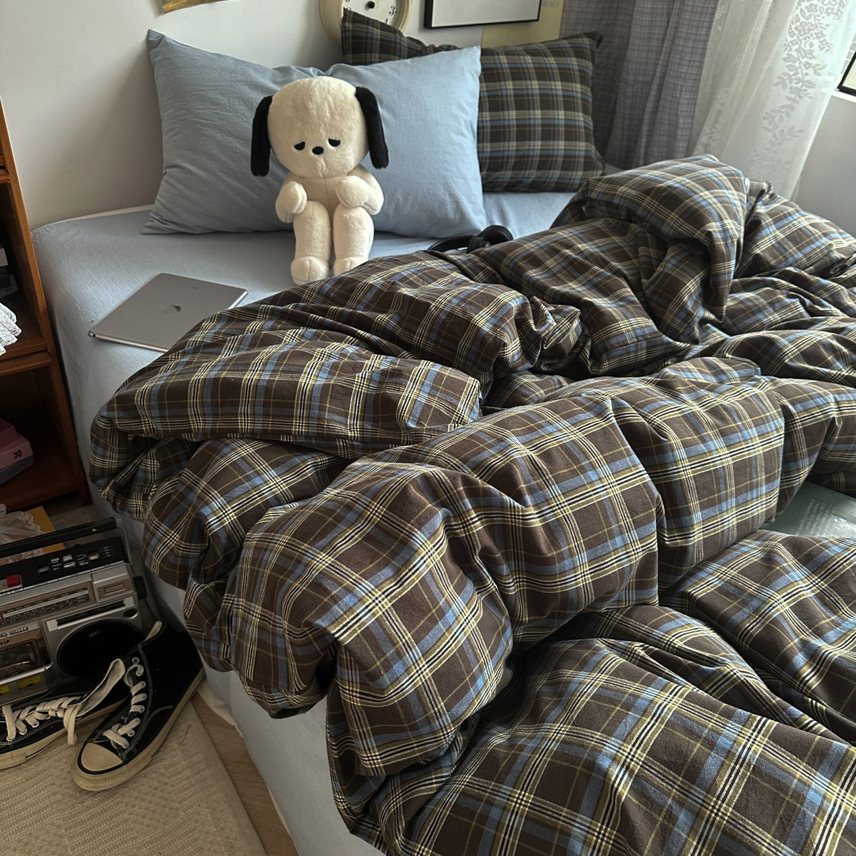 91家纺网 家纺一手货源 找家纺 对白 2025新款全棉色织水洗棉四件套-查尔斯学院 查尔斯学院-枕套格子