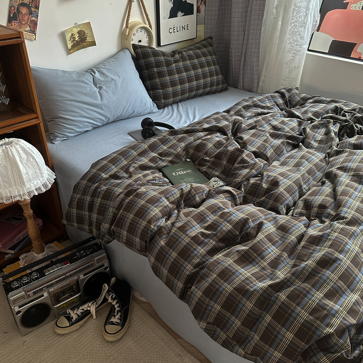 91家纺网 家纺一手货源 找家纺 对白 2025新款全棉色织水洗棉四件套-查尔斯学院 查尔斯学院-枕套格子