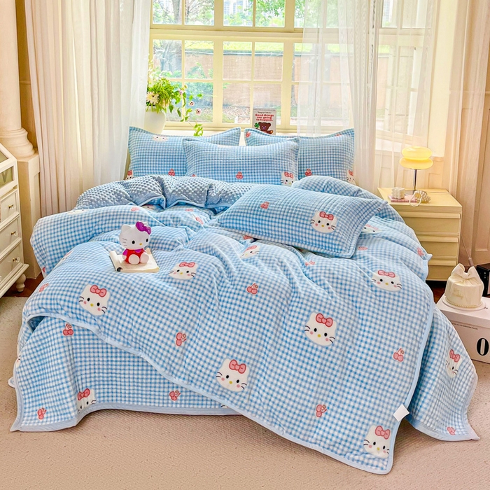 尚美 2025新款豆豆绒高克重床盖被套四件套 樱桃KT猫