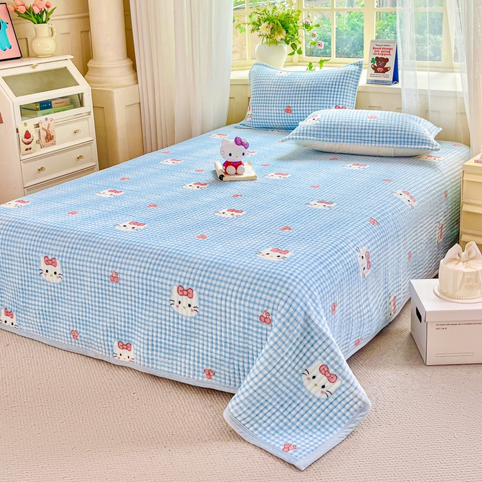 91家纺网 家纺一手货源 找家纺 尚美 2025新款豆豆绒高克重床盖被套四件套 樱桃KT猫