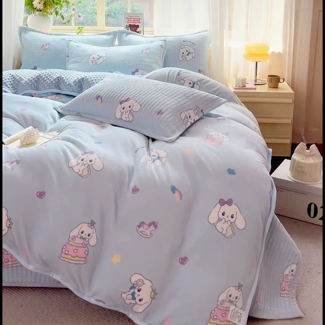 91家纺网 家纺一手货源 找家纺 尚美 2025新款豆豆绒高克重床盖被套四件套 玉桂狗