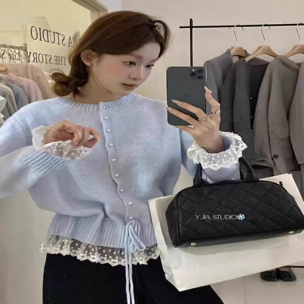 91家纺网 家纺一手货源 找家纺 （总）洛兰沙家居馆 只代发小香风毛衣女春秋慵懒可爱甜美蕾丝圆领针织开衫短款外套温柔上衣