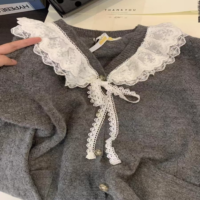 91家纺网 家纺一手货源 找家纺 （总）洛兰沙家居馆 只代发小香风毛衣女春秋慵懒可爱甜美蕾丝圆领针织开衫短款外套温柔上衣