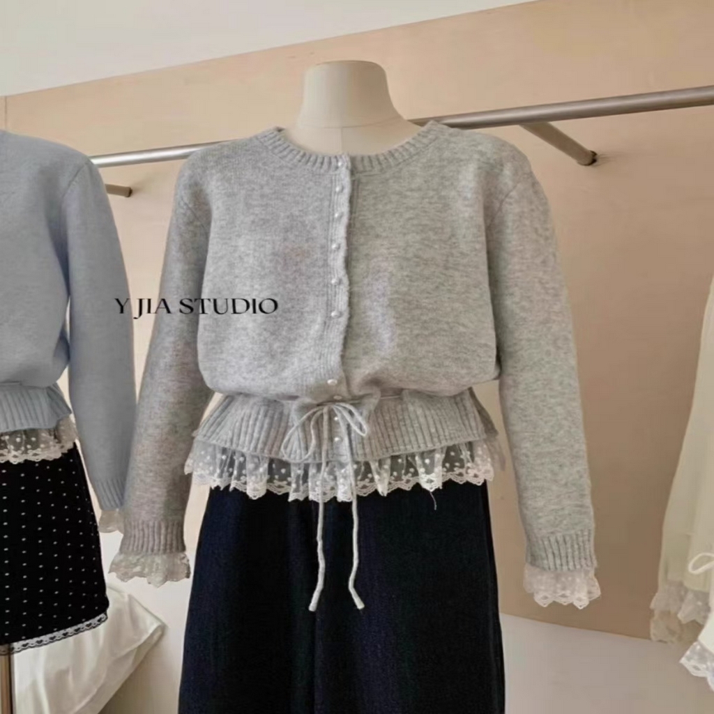 91家纺网 家纺一手货源 找家纺 （总）洛兰沙家居馆 只代发小香风毛衣女春秋慵懒可爱甜美蕾丝圆领针织开衫短款外套温柔上衣