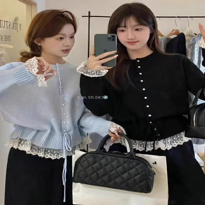 （总）洛兰沙家居馆 只代发小香风毛衣女春秋慵懒可爱甜美蕾丝圆领针织开衫短款外套温柔上衣